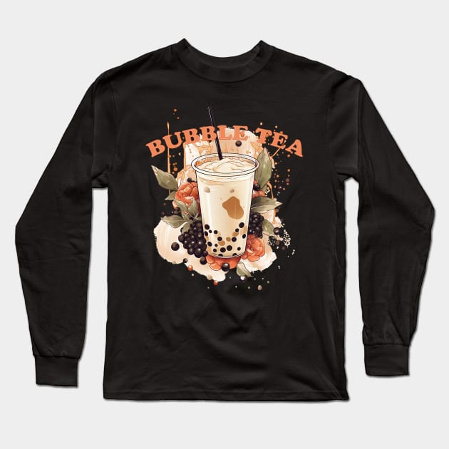 BUBBLE TEA  - boba tea - tapioca, flowers and green leafs Long Sleeve T-Shirt by OurCCDesign